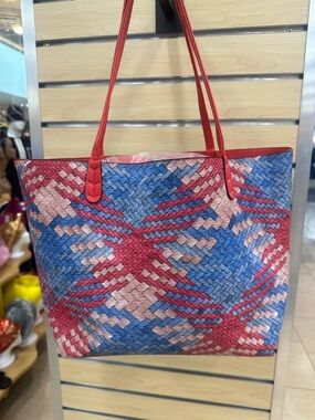 Michael Kors Multicolor Woven Tote with Red Straps